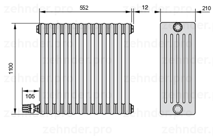 Схема (чертеж) Радиатор Zehnder Charleston 6110/12 №V003 Белый глянцевый RAL 9016
